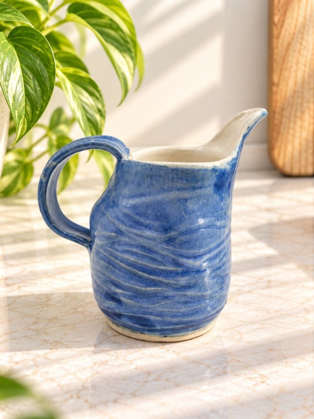 Vintage Handmade Blue Ceramic Pitcher With Handle And Spout Cottagecore Pottery